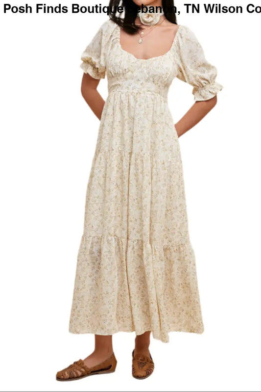 ROSETTE SWEETHEART NECK FLORAL TIERED DRESS: DAFFODIL CREME - Posh Finds