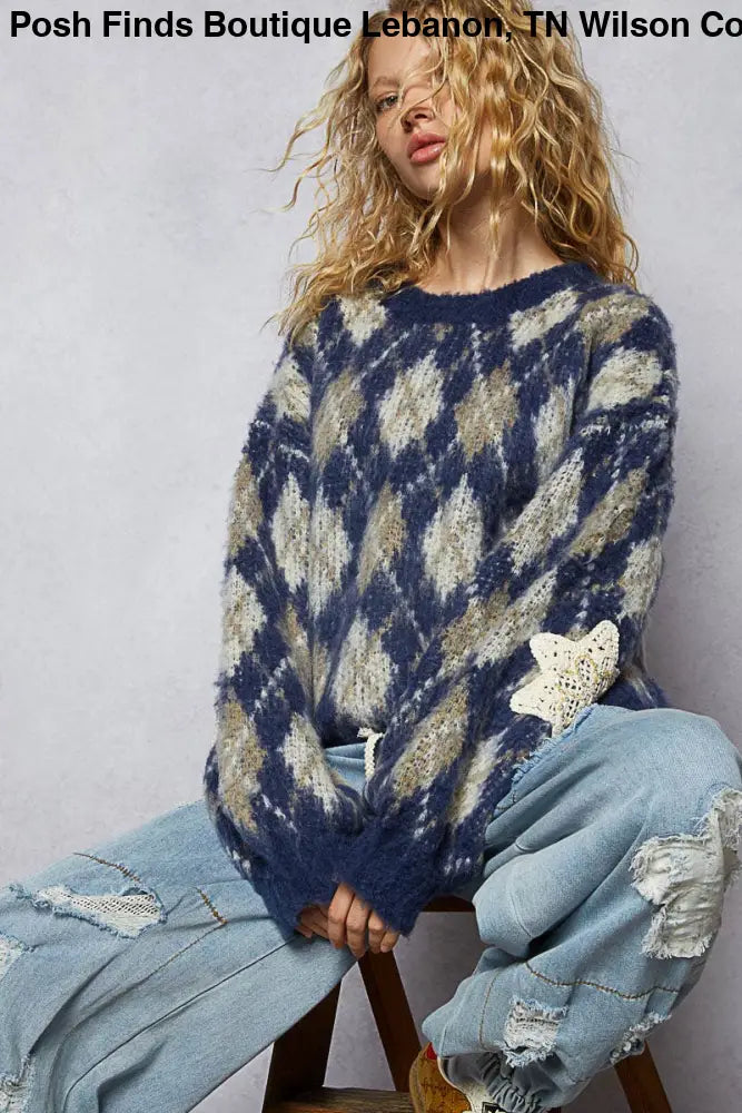 Round Neck Balloon Sleeve Argyle Mohair Sweater Top - Posh Finds