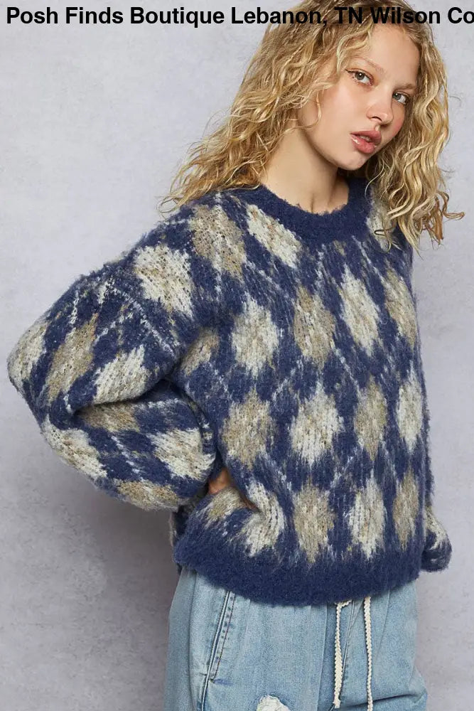 Round Neck Balloon Sleeve Argyle Mohair Sweater Top - Posh Finds