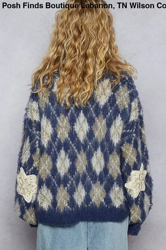 Round Neck Balloon Sleeve Argyle Mohair Sweater Top - Posh Finds