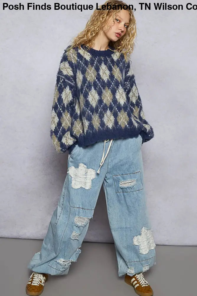 Round Neck Balloon Sleeve Argyle Mohair Sweater Top - Posh Finds