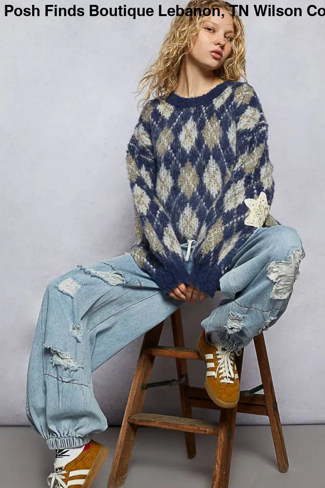 Round Neck Balloon Sleeve Argyle Mohair Sweater Top - Posh Finds