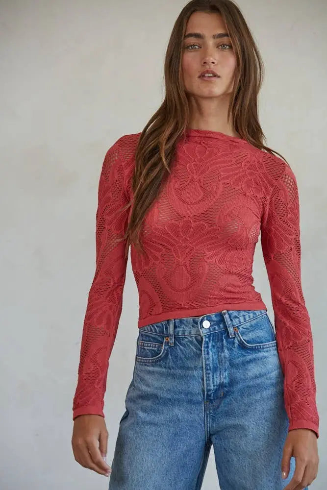 S1228 | Knit Seamless Jacquard Mock Neck Long Sleeve Top: Ash Mauve / ML