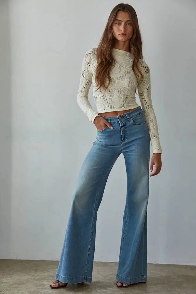 S1228 | Knit Seamless Jacquard Mock Neck Long Sleeve Top: Cream / ML