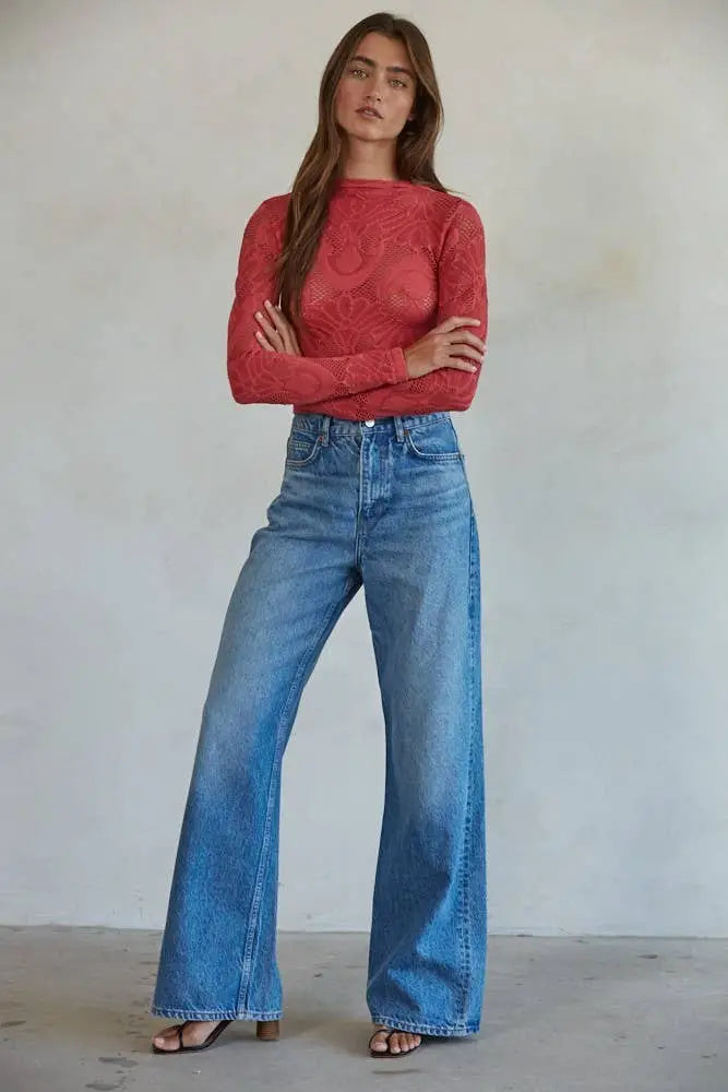 S1228 | Knit Seamless Jacquard Mock Neck Long Sleeve Top: Merlot / ML