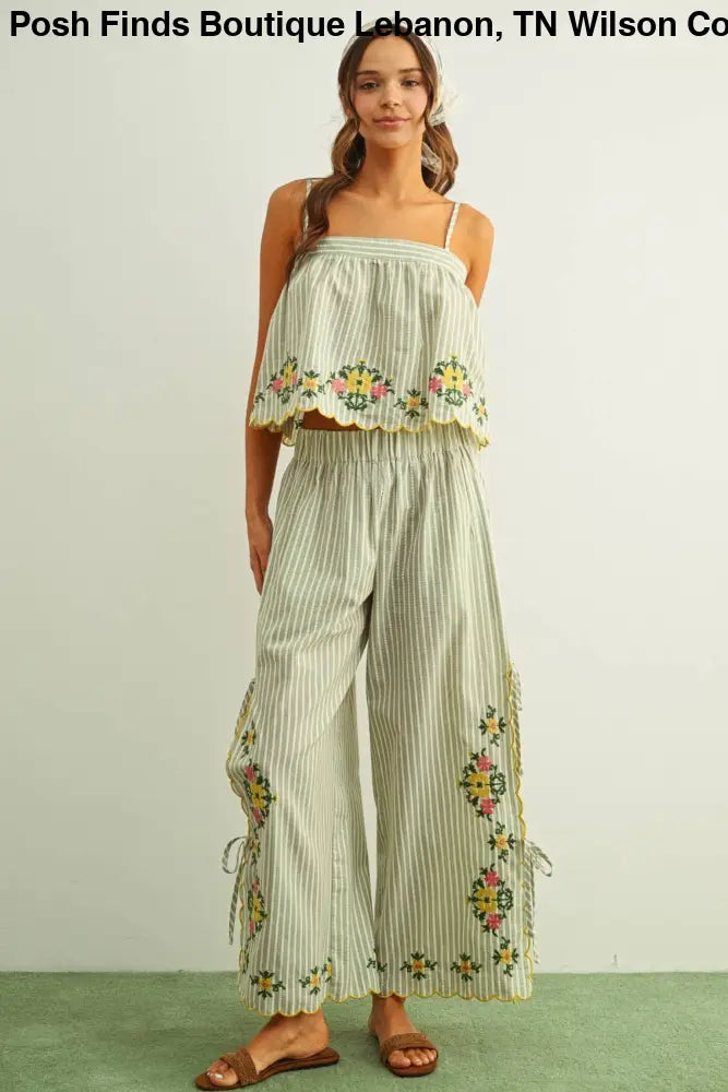 P6208ST FLORAL EMBROIDERY WITH STRIPED PANTS WITH TIE: SAGE / M