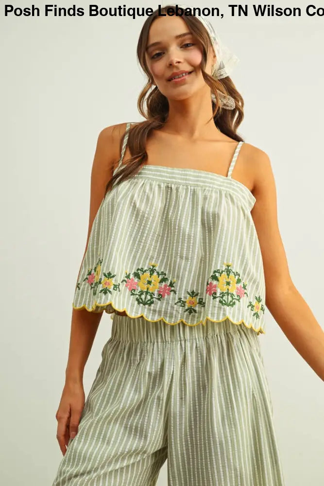T6209ST FLORAL EMBROIDERY WITH STRIPED TOP: SAGE / S