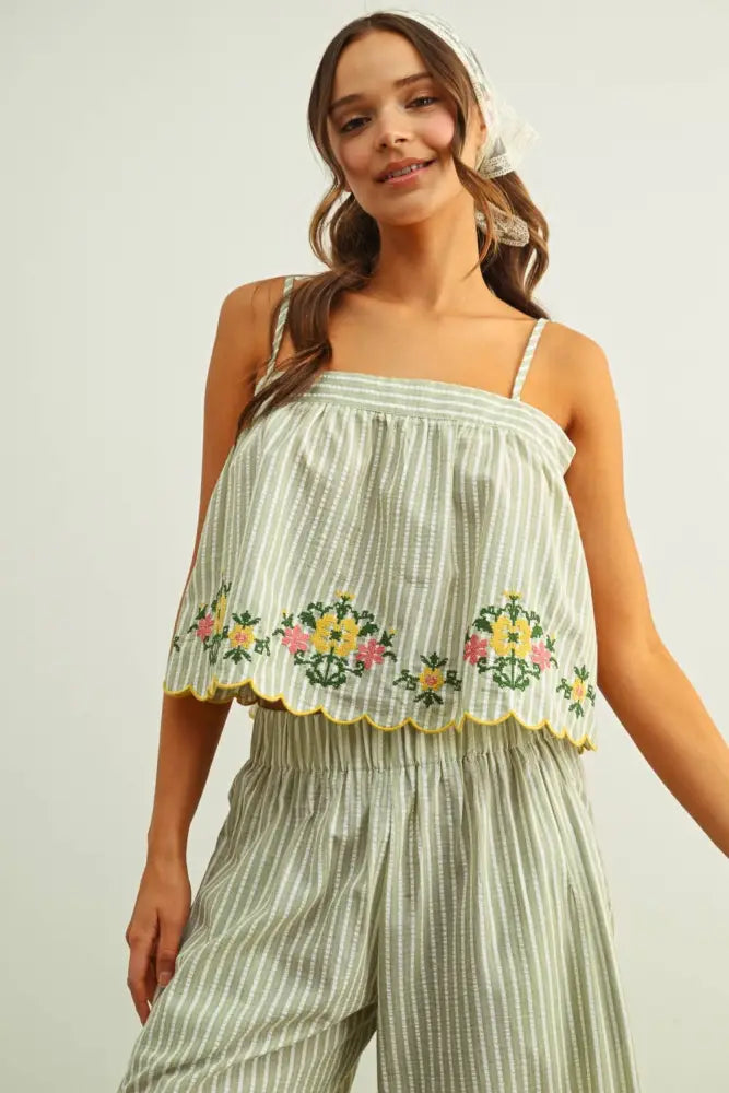 T6209ST FLORAL EMBROIDERY WITH STRIPED TOP: SAGE / S