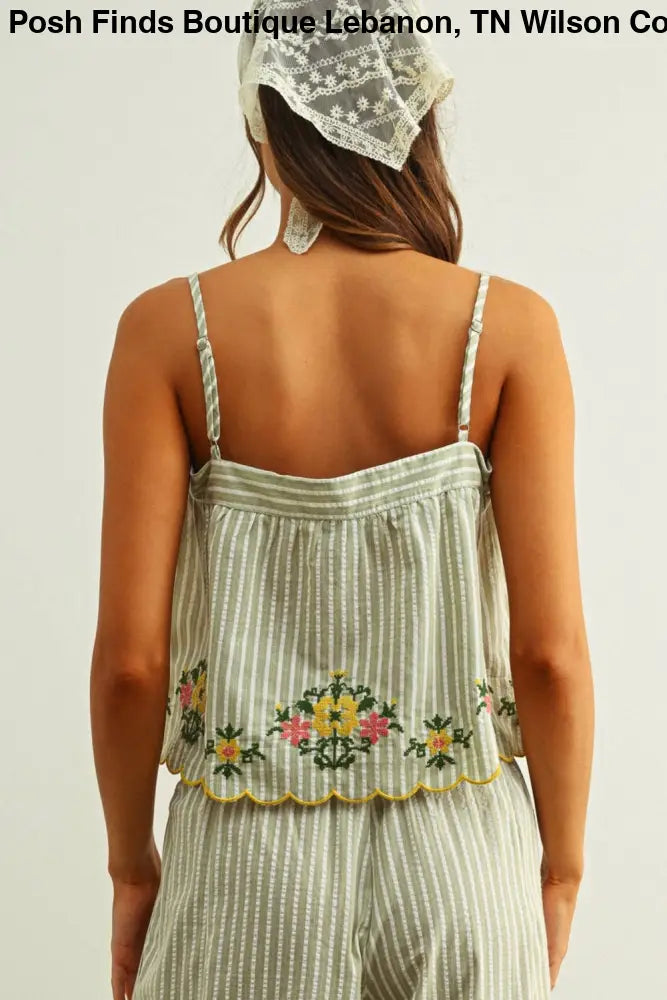 T6209ST FLORAL EMBROIDERY WITH STRIPED TOP: SAGE / S