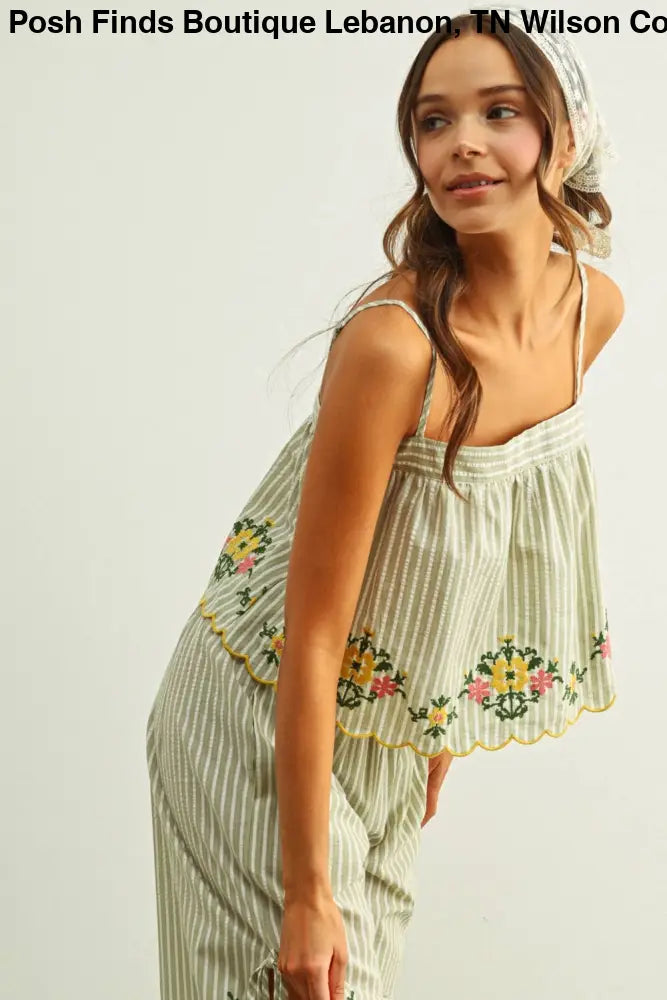 T6209ST FLORAL EMBROIDERY WITH STRIPED TOP: SAGE / S