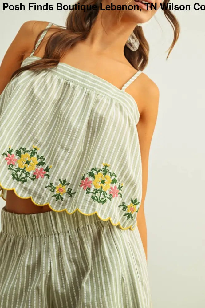 T6209ST FLORAL EMBROIDERY WITH STRIPED TOP: SAGE / S