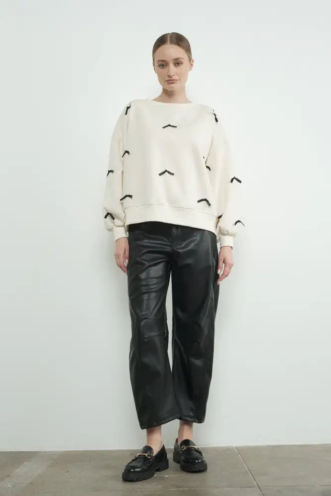 SATIN TAPE RIBBON CREWNECK SWEATSHIRT in CREAM - Posh Finds