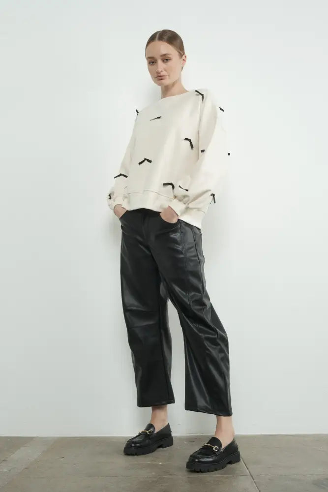 SATIN TAPE RIBBON CREWNECK SWEATSHIRT in CREAM - Posh Finds