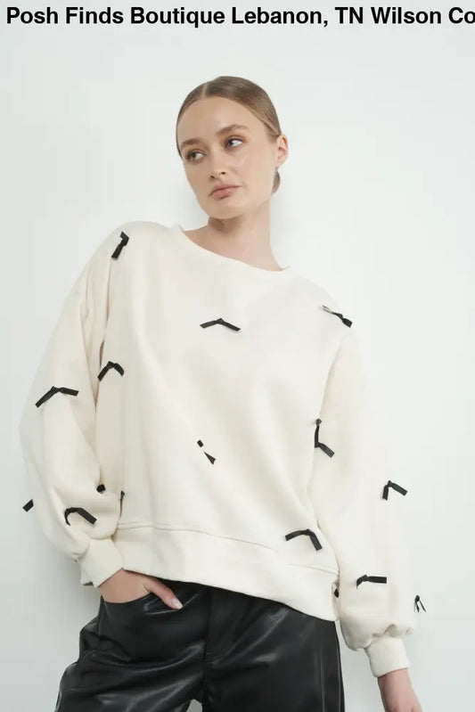 SATIN TAPE RIBBON CREWNECK SWEATSHIRT in CREAM - Posh Finds