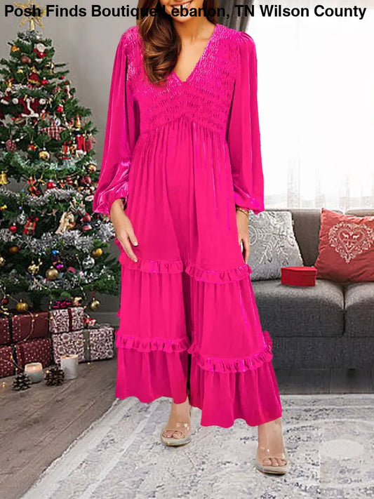 Shirred V Neck Long Sleeve Velvet Jumpsuit: Rose Red - Posh Finds