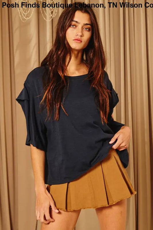 Short irregular sleeves Solid Oversize Top: NAVY - Posh Finds
