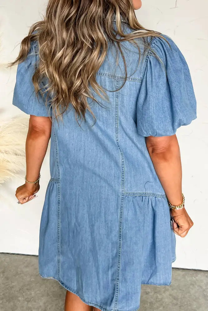 Short Puff Sleeve Ruffle Hem Patchwork Denim Dress - Women > Dresses