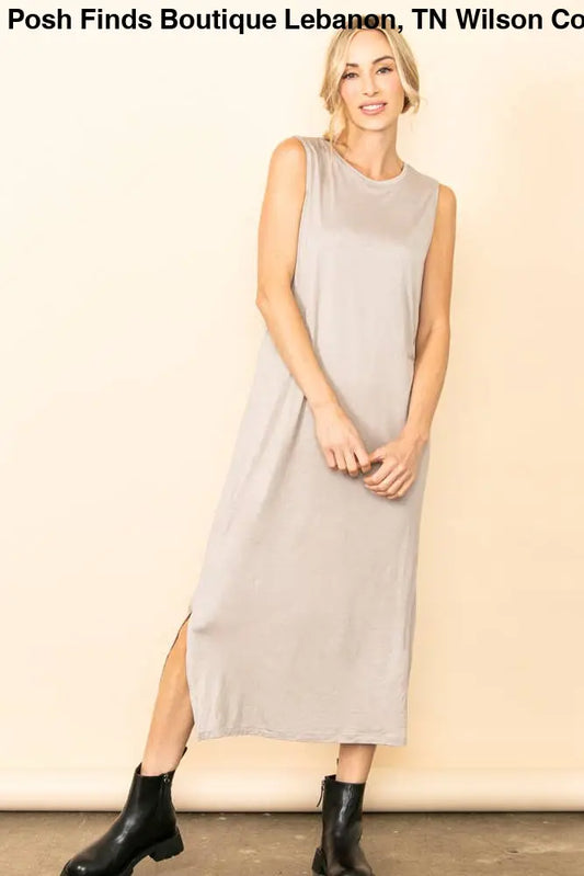 Side Slit Knit T-Shirt Maxi Dress: Taupe - Posh Finds