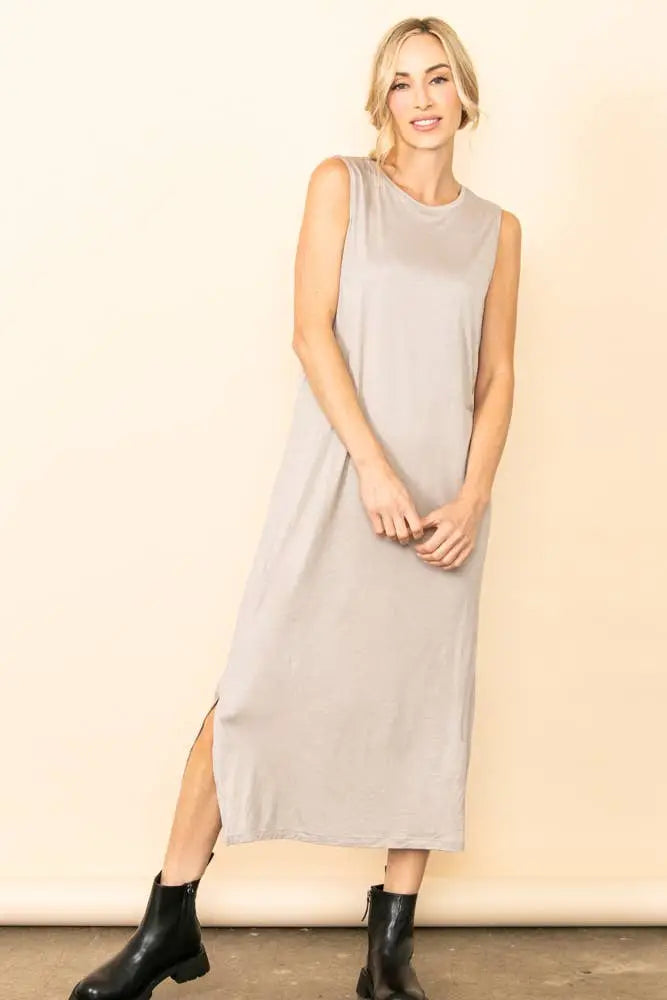 Side Slit Knit T-Shirt Maxi Dress: Taupe - Posh Finds
