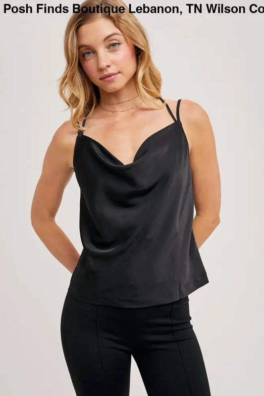 SILKY COWL NECK CAMI IN BLACK - Posh Finds