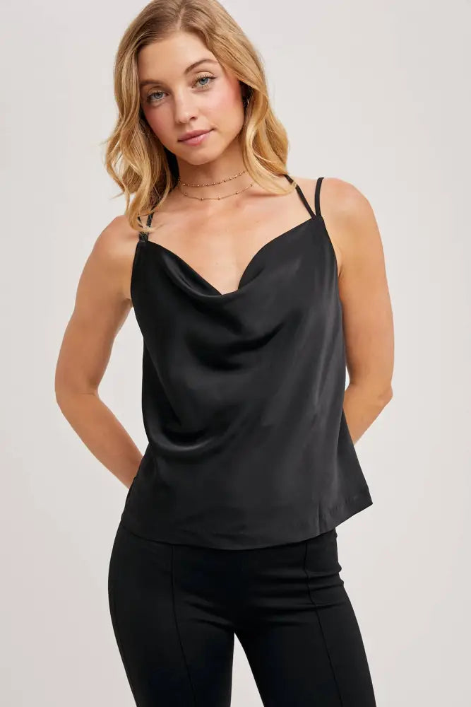 SILKY COWL NECK CAMI IN BLACK - Posh Finds