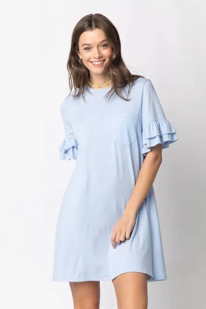 ND30255-French Terry Pocket Tee Shirt Dress: SKY / S-M-L/2-2-2