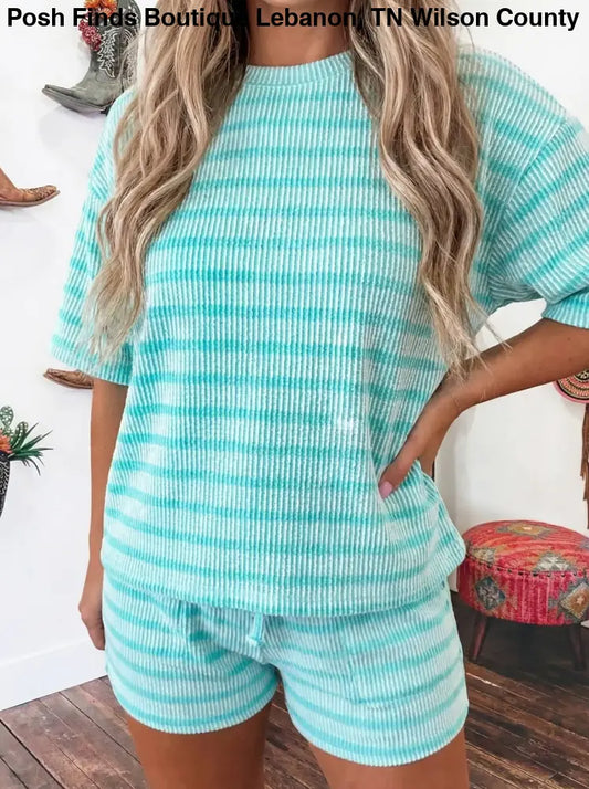 Sky Blue Stripe Rib Loose Tee Drawstring Elastic Waist Short Set - set