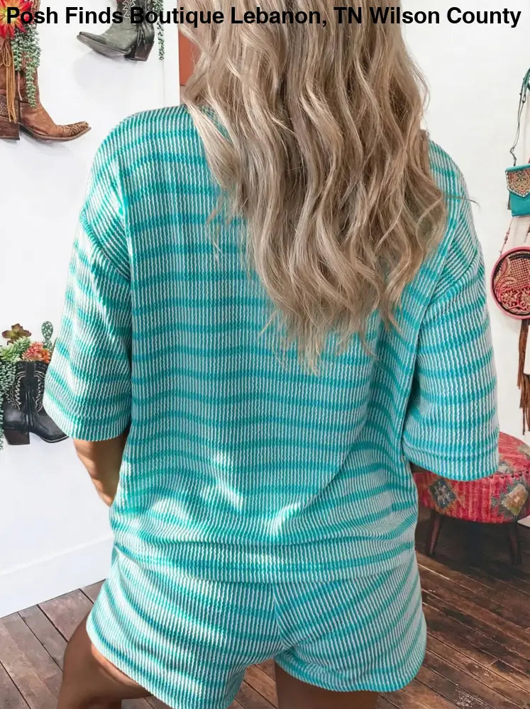Sky Blue Stripe Rib Loose Tee Drawstring Elastic Waist Short Set - set