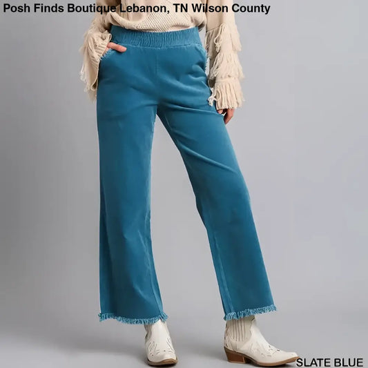 Slate Blue Pull On Corduroy Pants with Frayed Hem - Posh Finds