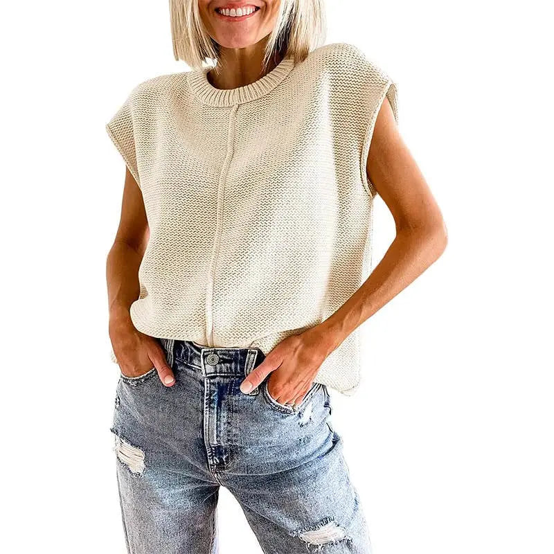 Sleeveless Knit Pullover Sweater: Beige / Missy / S - Posh Finds