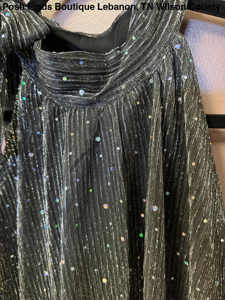 Sleeveless Metallic Tie Neck Halter Top Black - Posh Finds