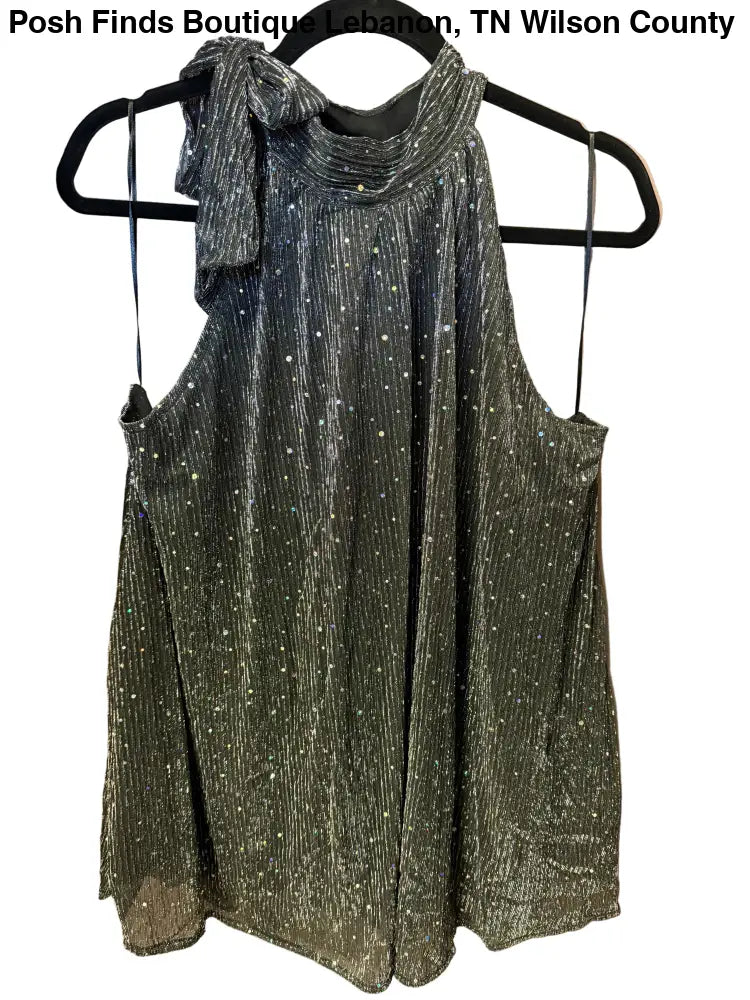 Sleeveless Metallic Tie Neck Halter Top Black - Posh Finds
