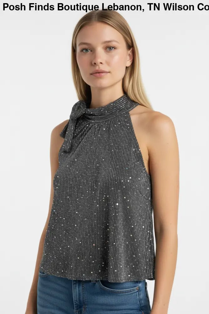 Sleeveless Metallic Tie Neck Halter Top Black - Posh Finds