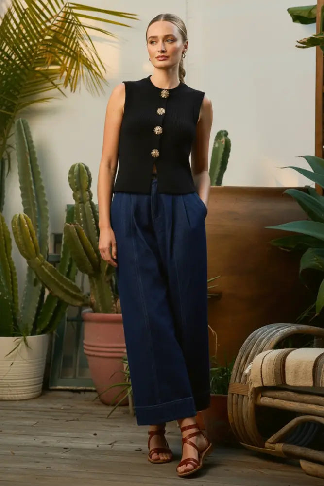 SLEEVELESS VEST STYLE BUTTON DOWN SWEATER: Black - Women > Tops