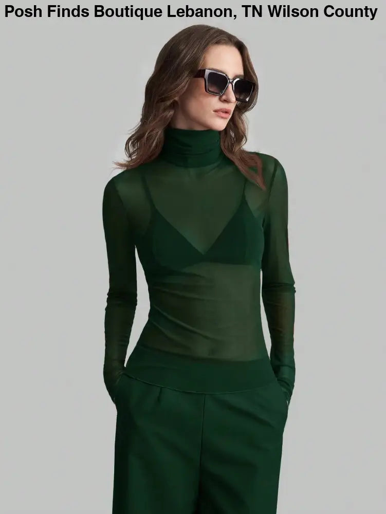 Slim Fit Solid Mesh Long Sleeve Stand Collar Blouse: Forest Green / Missy / S - Posh Finds