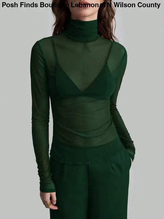 Slim Fit Solid Mesh Long Sleeve Stand Collar Blouse: Forest Green / Missy / S - Posh Finds