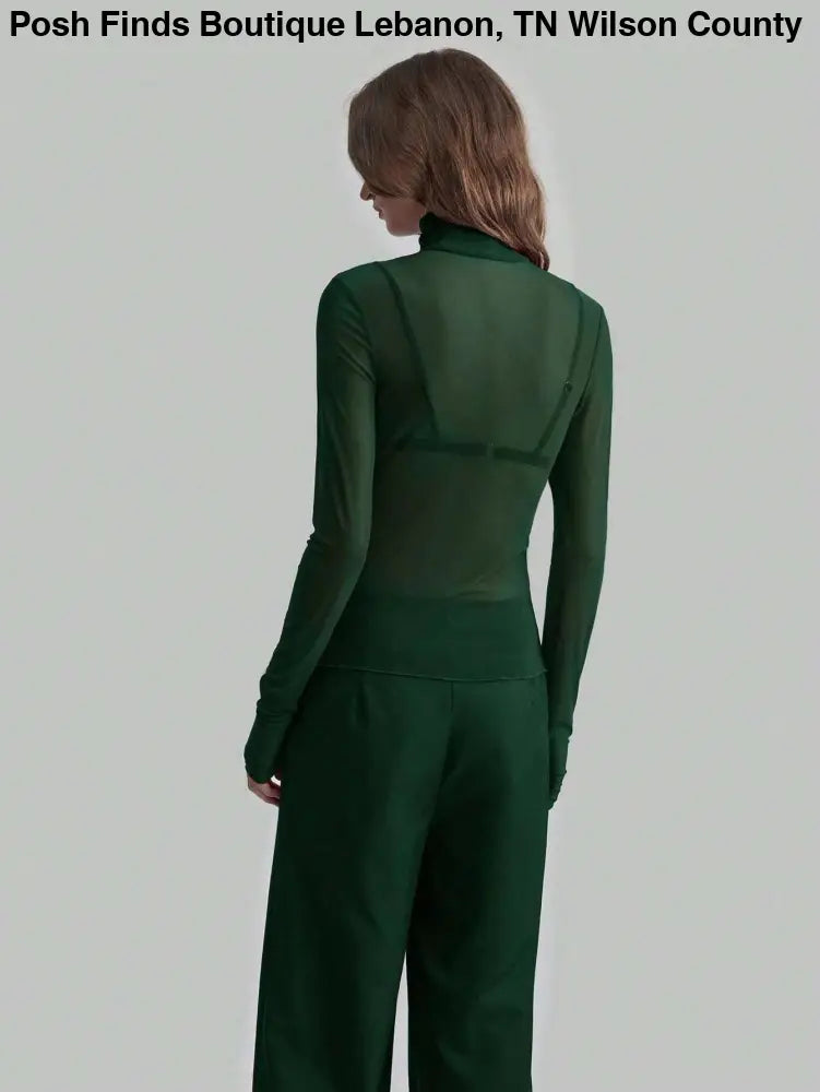 Slim Fit Solid Mesh Long Sleeve Stand Collar Blouse: Forest Green / Missy / S - Posh Finds