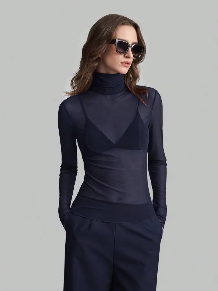 Slim Fit Solid Mesh Long Sleeve Stand Collar Blouse: Navy / Missy / S - Posh Finds