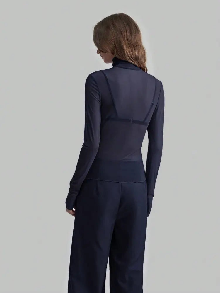 Slim Fit Solid Mesh Long Sleeve Stand Collar Blouse: Navy / Missy / S - Posh Finds