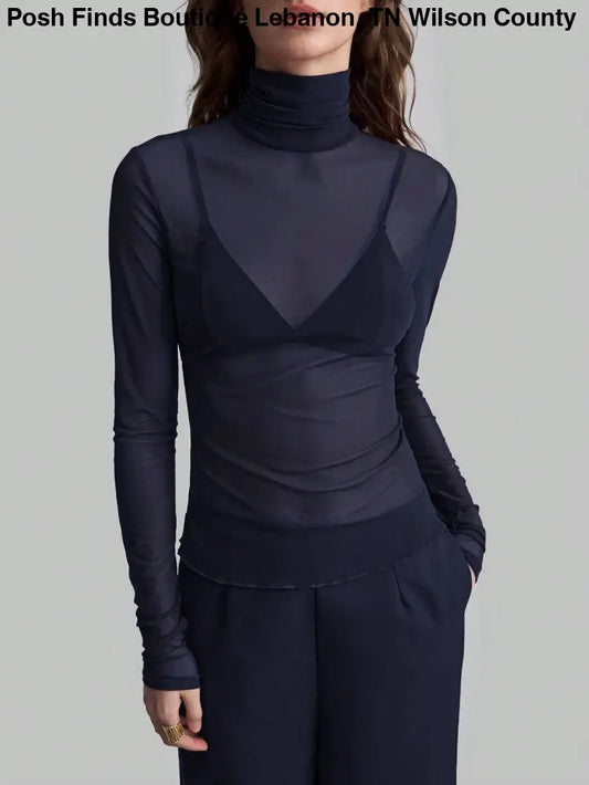 Slim Fit Solid Mesh Long Sleeve Stand Collar Blouse: Navy / Missy / S - Posh Finds