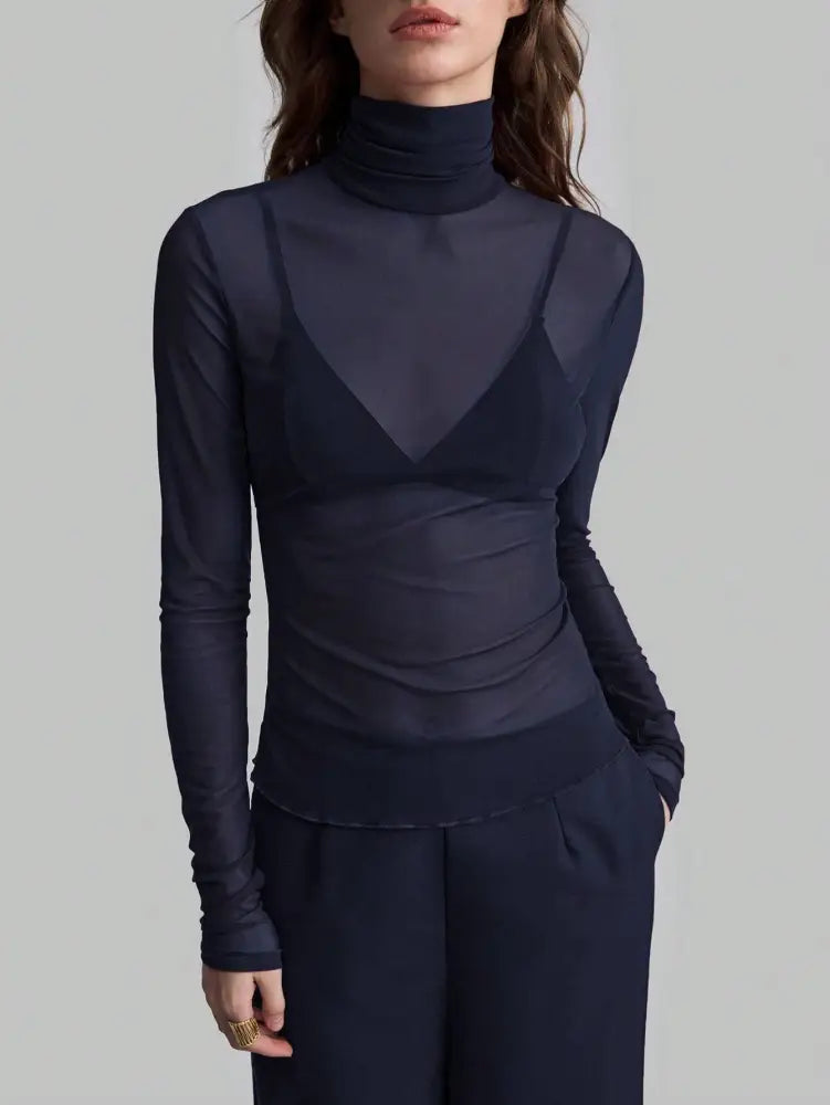 Slim Fit Solid Mesh Long Sleeve Stand Collar Blouse: Navy / Missy / S - Posh Finds