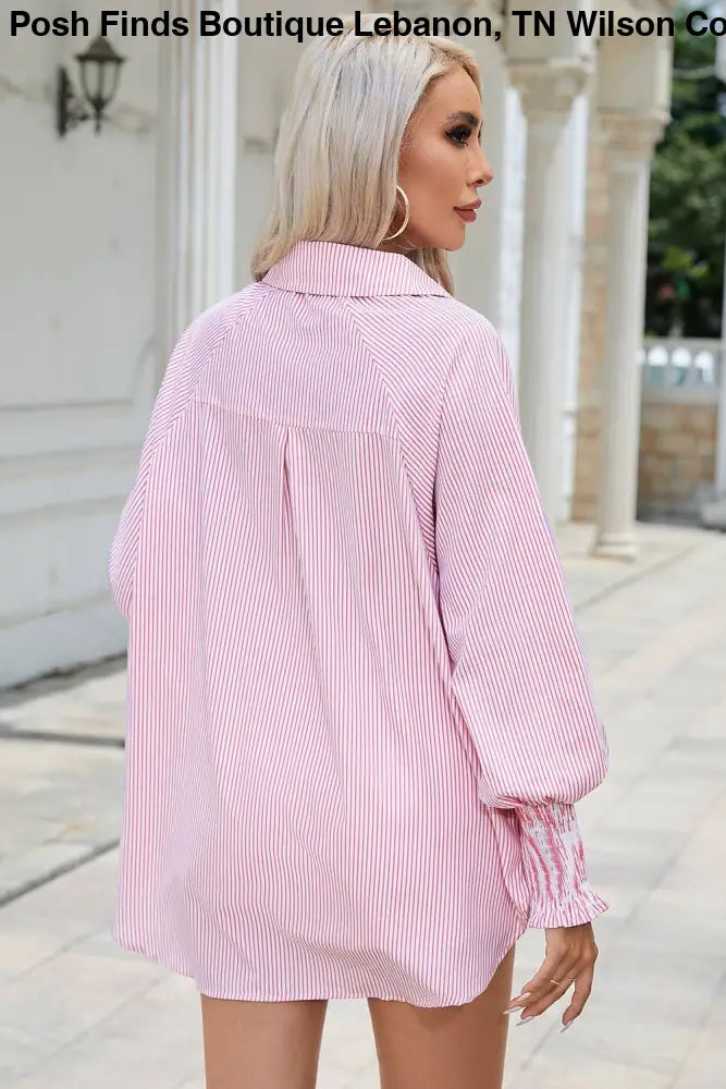 Smocked Cuffed Striped Boyfriend Shirt with Pocket: Pink - Posh Finds