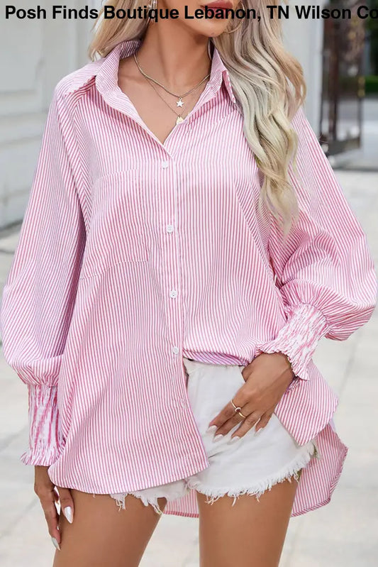 Smocked Cuffed Striped Boyfriend Shirt with Pocket: Pink - Posh Finds