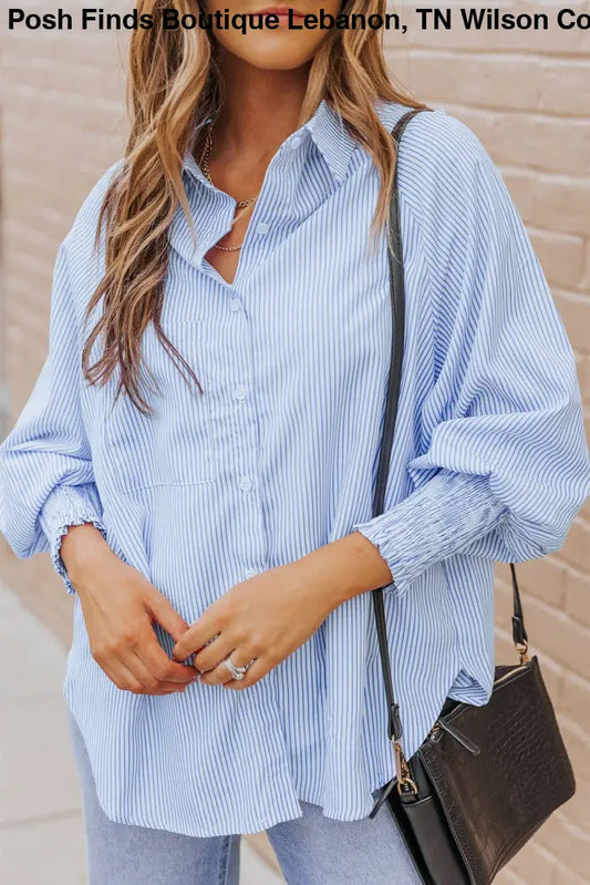 Smocked Cuffed Striped Boyfriend Shirt with Pocket: Sky Blue - Posh Finds