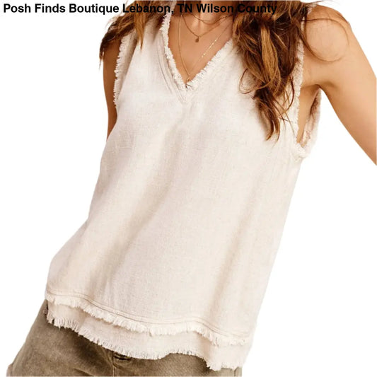 Soft Washed Gauze Cut Edge Sleeveless V-neck Top: Natural - Posh Finds