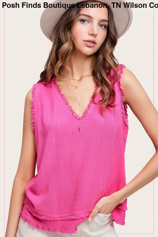 Soft Washed Gauze Cut Edge Sleeveless V-neck Top: Pink - Posh Finds