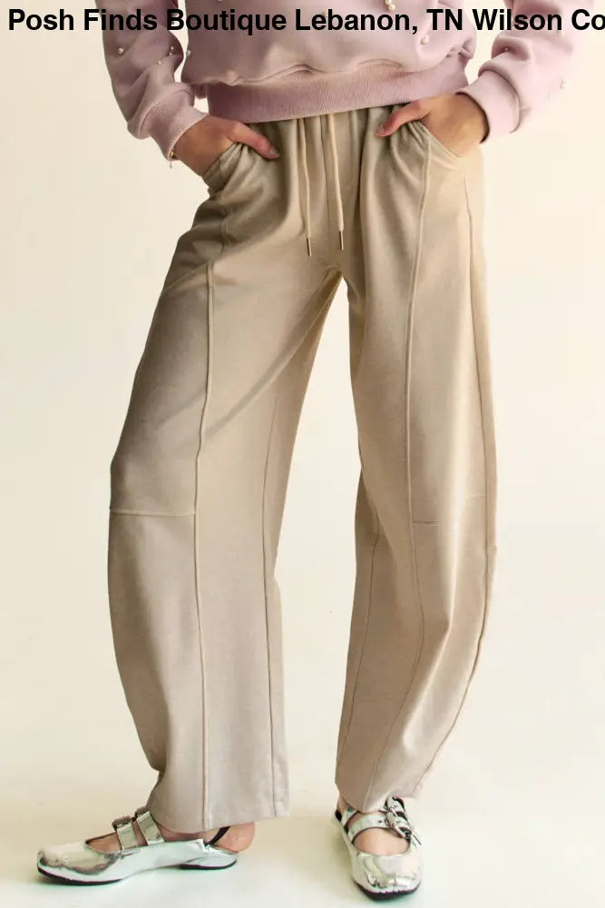 SOLID ELASTIC WAISTBAND POCKETS LONG BARREL PANTS: Khaki / S - Posh Finds