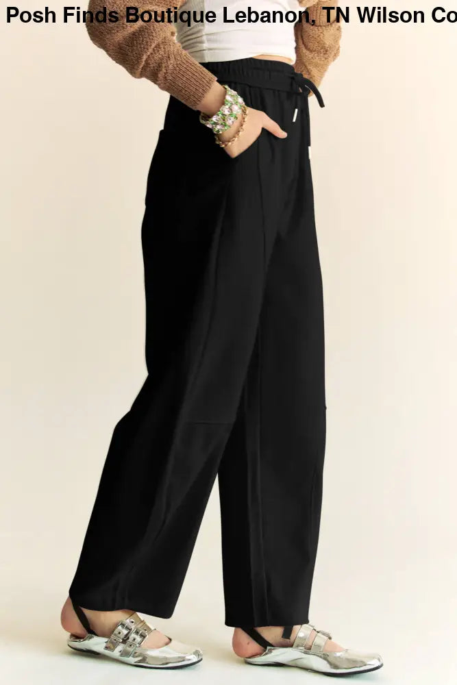 SOLID ELASTIC WAISTBAND POCKETS LONG BARREL PANTS: Khaki / S - Posh Finds