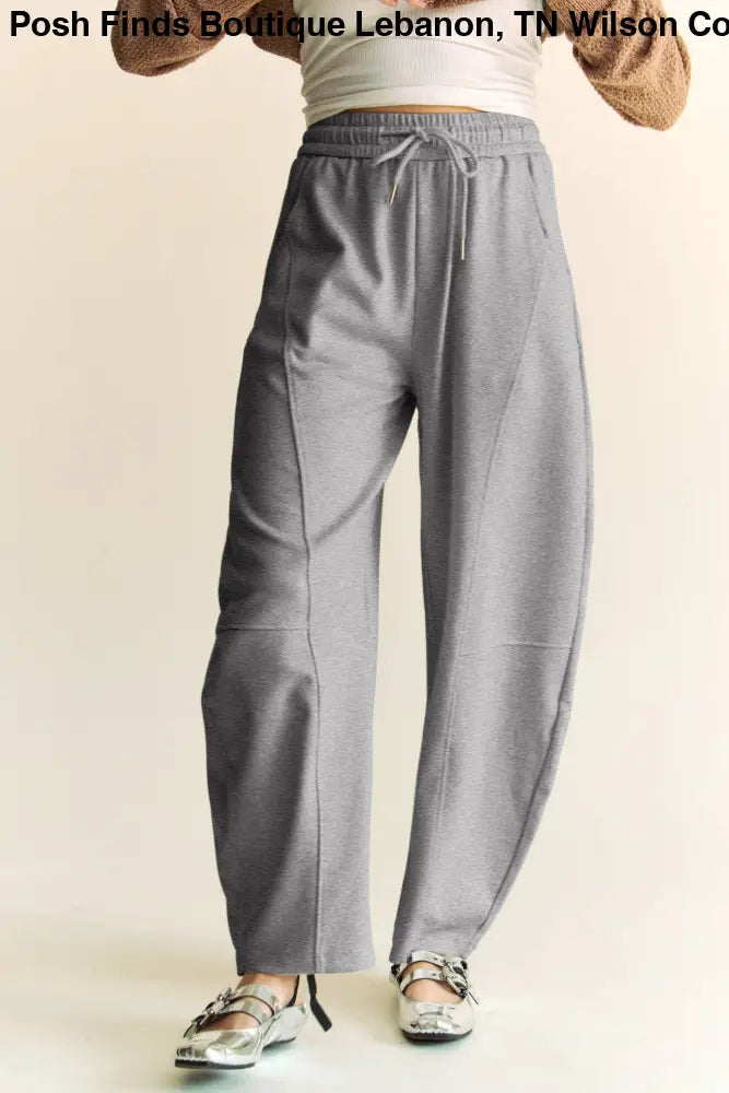 SOLID ELASTIC WAISTBAND POCKETS LONG BARREL PANTS: Khaki / S - Posh Finds