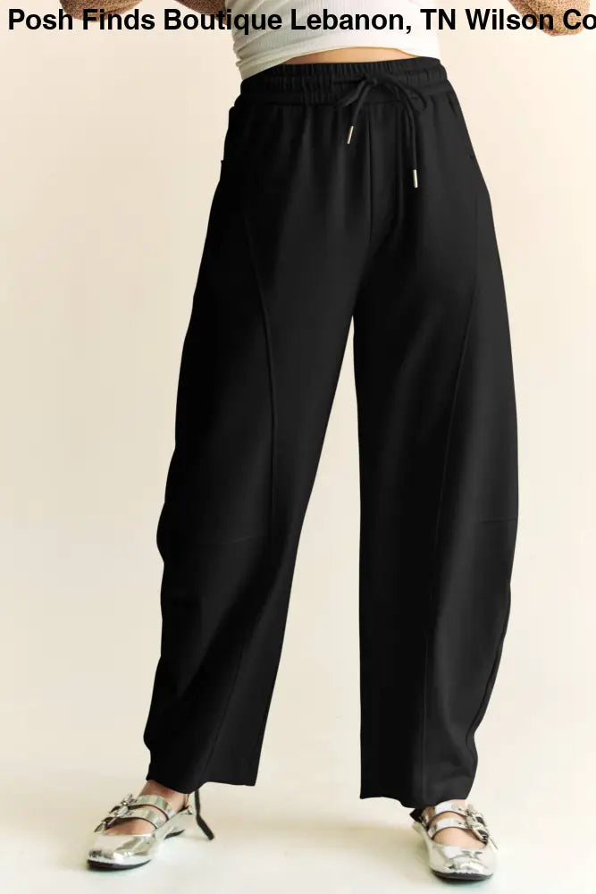 SOLID ELASTIC WAISTBAND POCKETS LONG BARREL PANTS: Khaki / S - Posh Finds